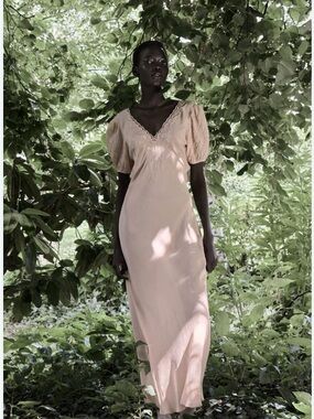 Zara Elegant Blush Lace Maxi Slip Dress with Puff Sleeves NWT